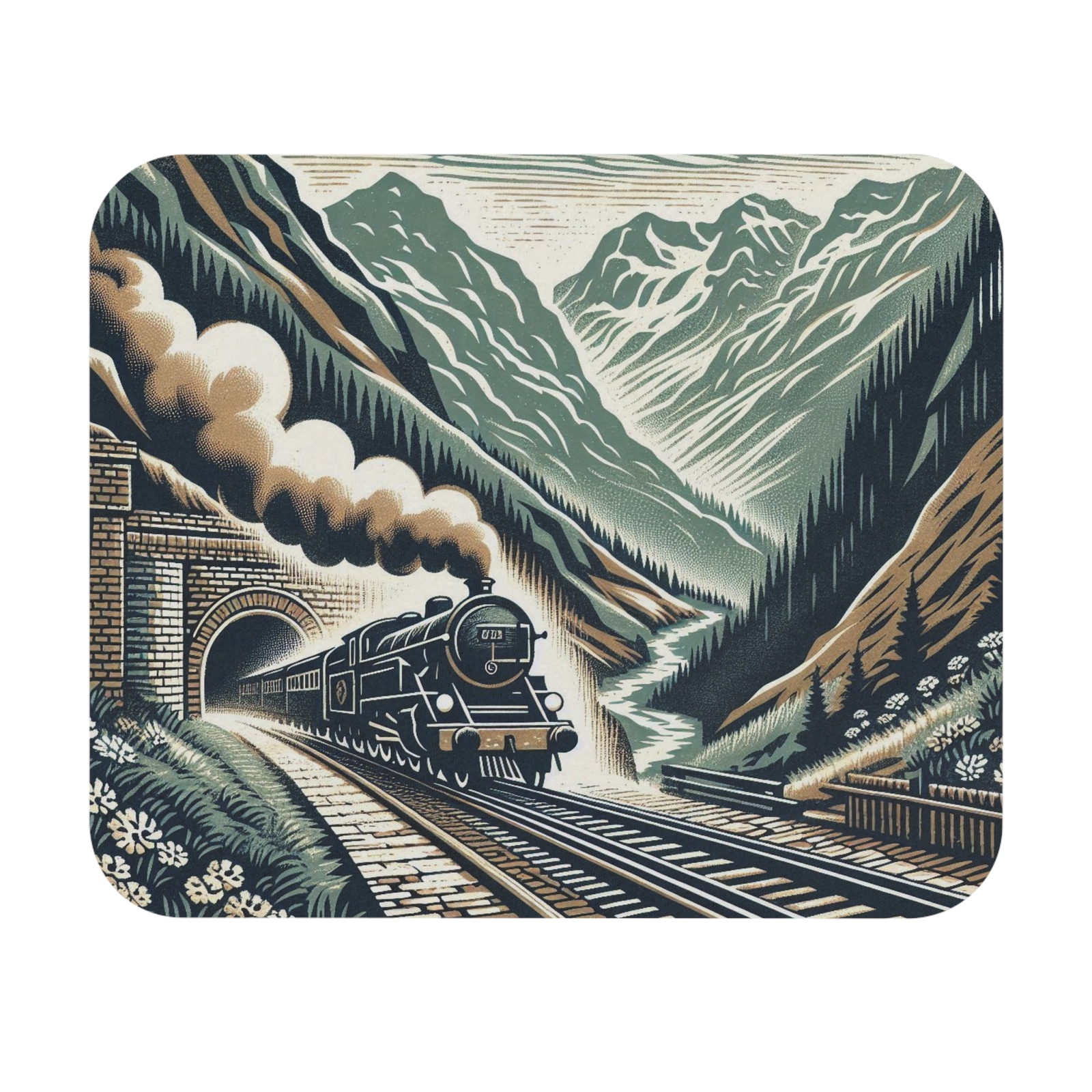 Steam Engine Train Mountain Block Print Mouse Pad Rectangle Design-image