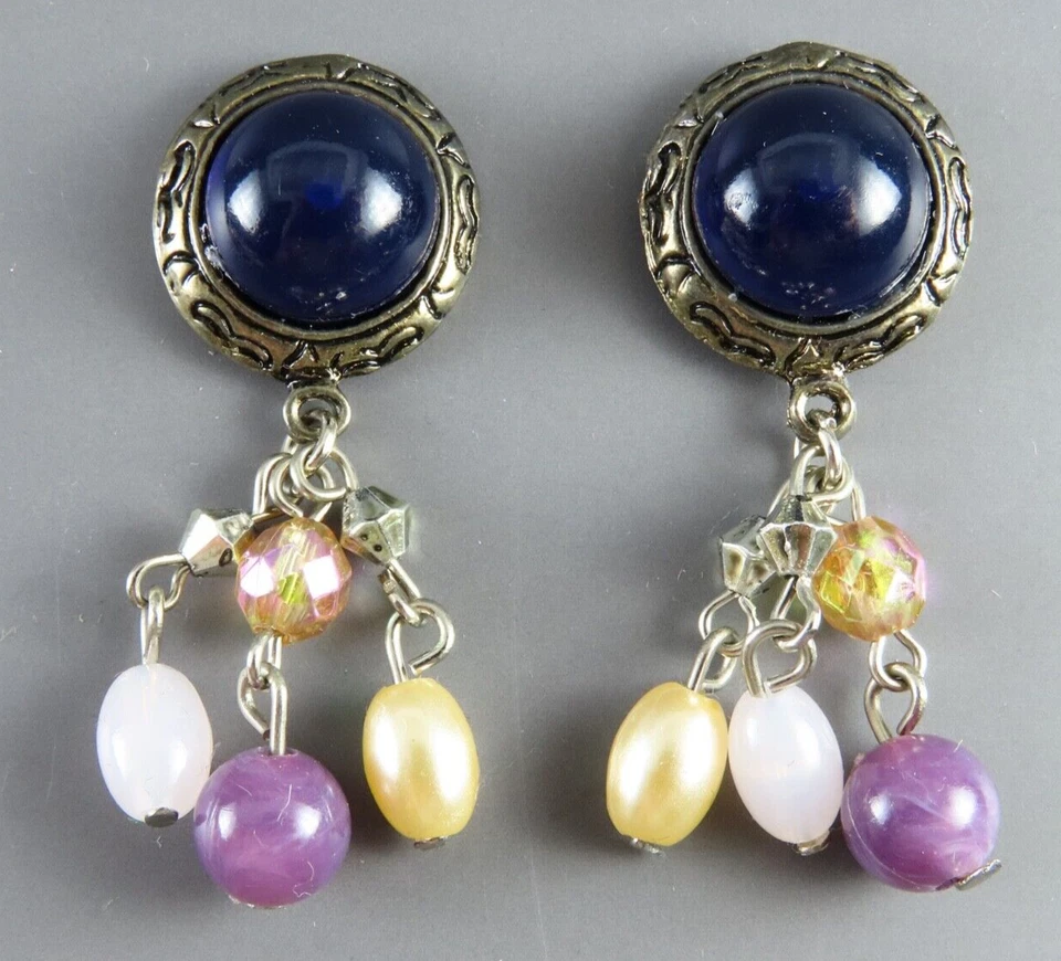 Pendientes Colgantes CHICO'S CABUJÓN AZUL MARINO con GOTAS CUENTAS Púrpura Crema Blanco Foto 2 de 3