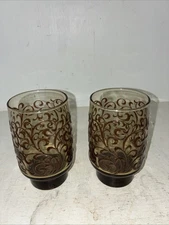 Set Of 2 Vintage Prado Drinking Glasses Amber Textured Tumbler Low Ball