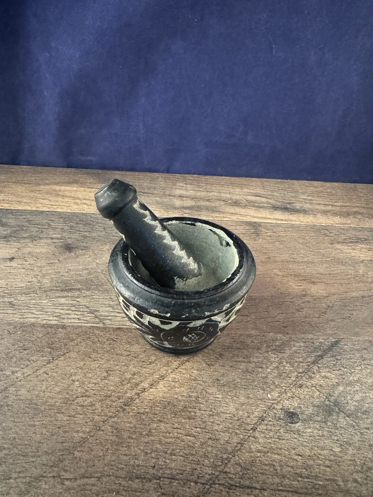 Small Vintage Stone Mortar & Pestle Made With Black Paint Flower Design