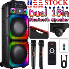 LOUD Dual 15" Bluetooth Speaker Subwoofer Heavy Bass Sound System Mic LED Party