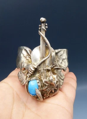 Imposant Bracelet Métal Argenté et Argent - Bijou d'Artiste Surréaliste - 1970 - Photo 1/4