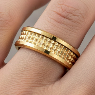 8mm Gold-Tone Tungsten Men's Band with Pyramid Texture Center Design