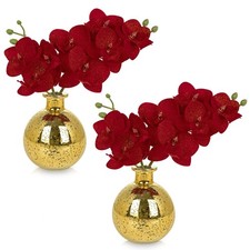 Red Orchids Artificial Flowers Faux Orchid Arrangement with Gold Glass Vase S...