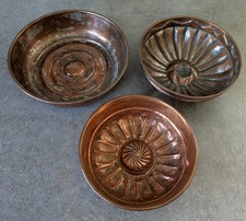 3 Antique Copper Dishes Jelly Moulds Arts & Crafts Rustic Kitchen- 1.15 kg Total