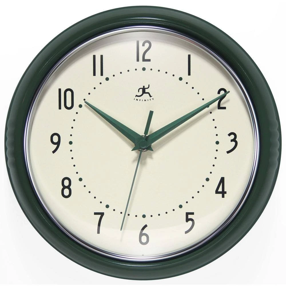 Infinity Instruments Square Silent Retro 9 Mid Century Modern Kitchen Dinner Retro Wall Clock Quartz Sweep Movement (Green