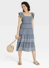 Knox Rose Dress Women’s XXL Blue Gray Short Sleeve Embroidered Tiered A-Line New