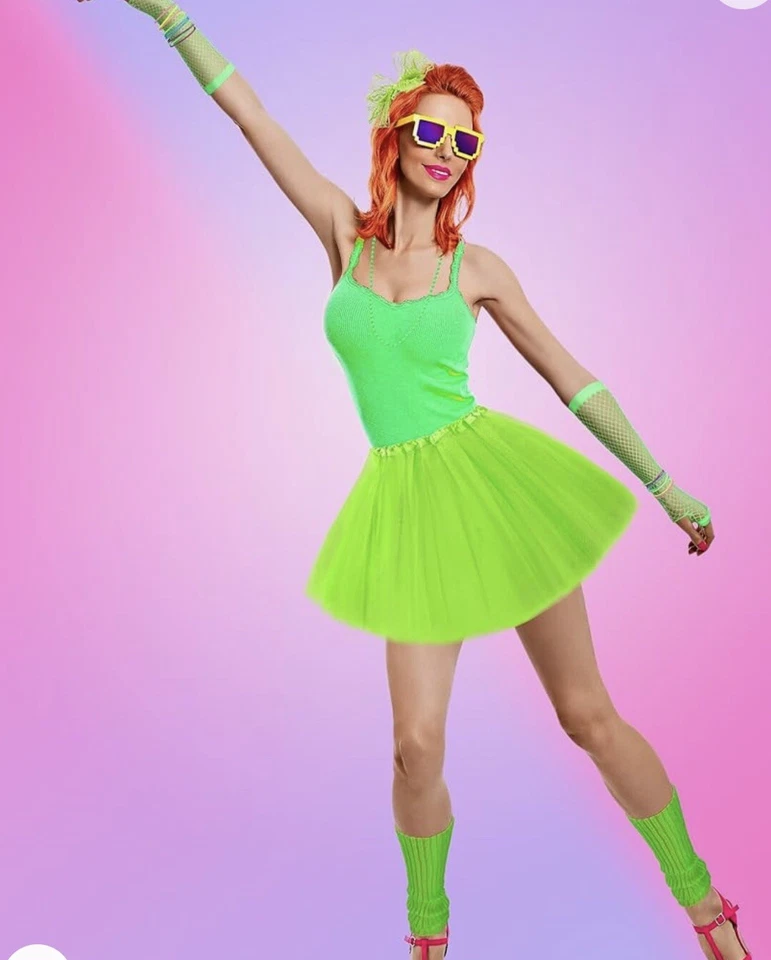 Disfraz de mujer años 80 tutú, guantes, calentadores de piernas, diadema y collar verde Foto 2 de 2