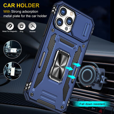 For iPhone 16 15 Pro Max 14 13 12 Shockproof Slide Camera Lens Ring Stand Case