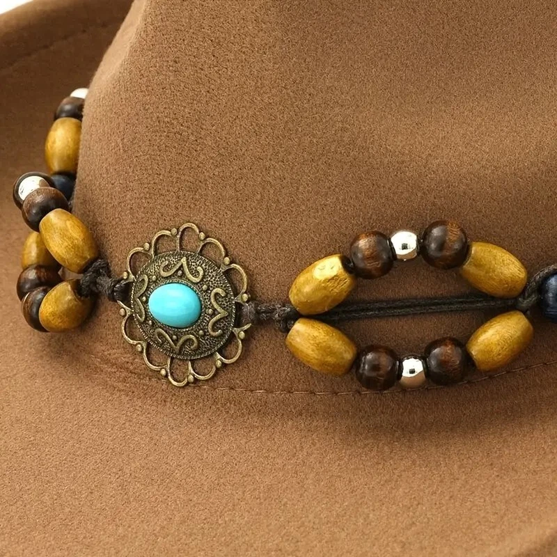 Chapéu de cowboy e cowgirl marrom claro, camelo – aba larga, alça de miçangas marrom, faroeste - Imagem 4 de 4