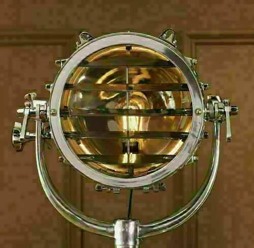 Vintage Industrie Stehlampe Hollywood Chrom Maritim Suchstrahler Leuchte Stativ - Bild 3 von 6