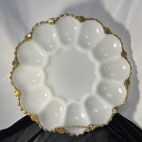 Vintage Anchor Hocking Milk Glass Deviled Egg Plate Gold Trim and Scalloped Edge