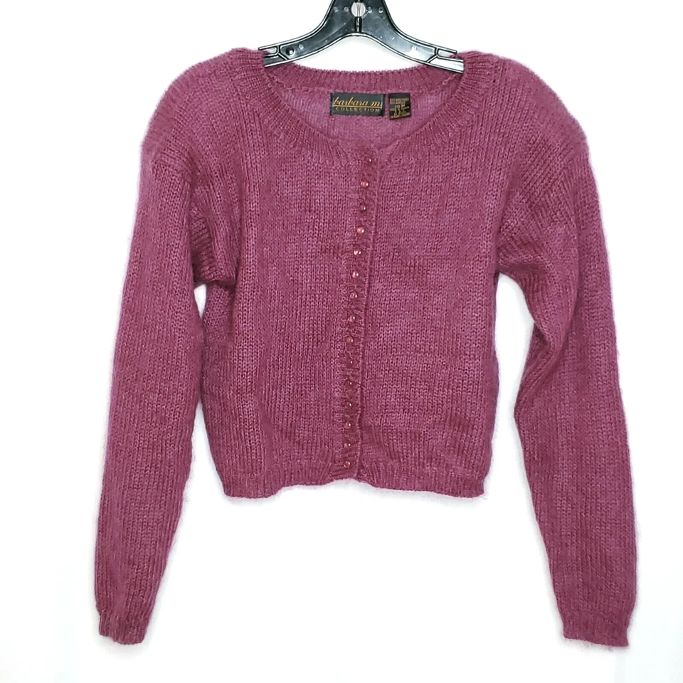 Y2K Mohair Cropped Cardigan Sweater M Pearlescent Buttons Purplish Mauve Pink