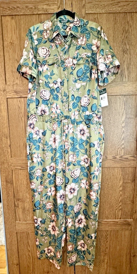 NUEVO CON ETIQUETAS LAUREN Ralph Lauren Mono Satinado Talla 14 Manga Corta Verde Rosa Floral $245 Foto 4 de 4