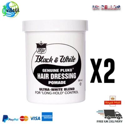 2 X BLACK & WHITE HAIR WAX GENUINE PLUKO HAIR DRESSING POMADE 200ml *NEW*