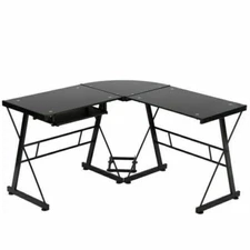 BestMassage L Shaped Glass Corner Desk with Keyboard Tray - Black