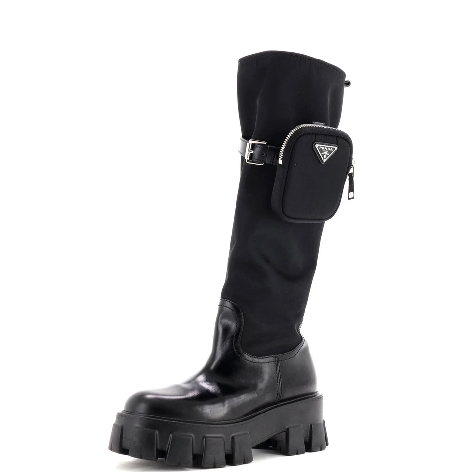 Prada Women's Monolith Knee High Boots Nylon and Leather