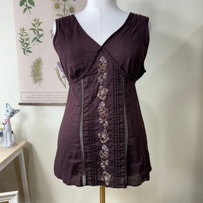Y2k Embroidered Tie Back Babydoll Tank Top Forest Fairy Grunge Mori Kei Boho M