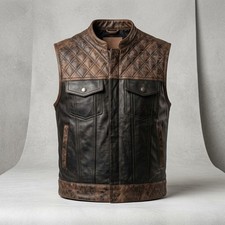 Men's Premium Distressed Brown Black Genuine Leather Biker Vest - Vintage Moto