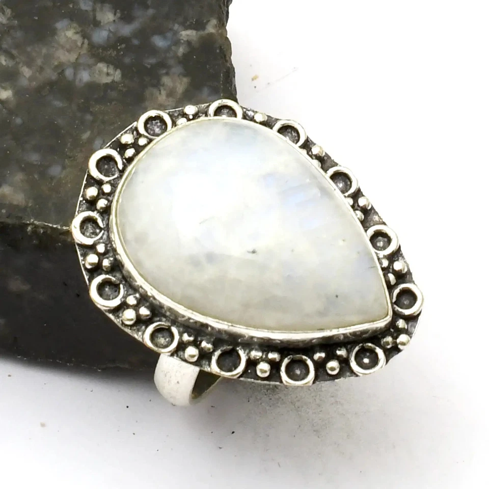 Regenbogen Mondstein Edelstein ethnische Handarbeit Ring Schmuck US-Größe - 8,25 AR 33420