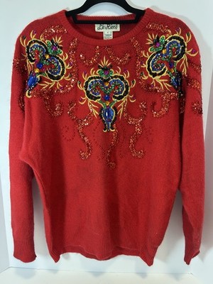 Vintage La Ricci Lambswool Angora Embellished Beaded Sequin Sweater Red Small