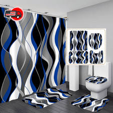4 Pcs Blue Shower Curtain Black Bathroom Sets with Shower Curtain and Rugs Grey
