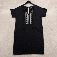 Old Navy Linen Dress Womens Size Medium Black Short Sleeve White Embroidered