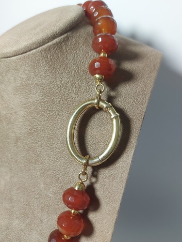 Women Necklace Natural Hard Stones Red Cornelian and Clasp Large 925 Silver - Picture 4 of 10
