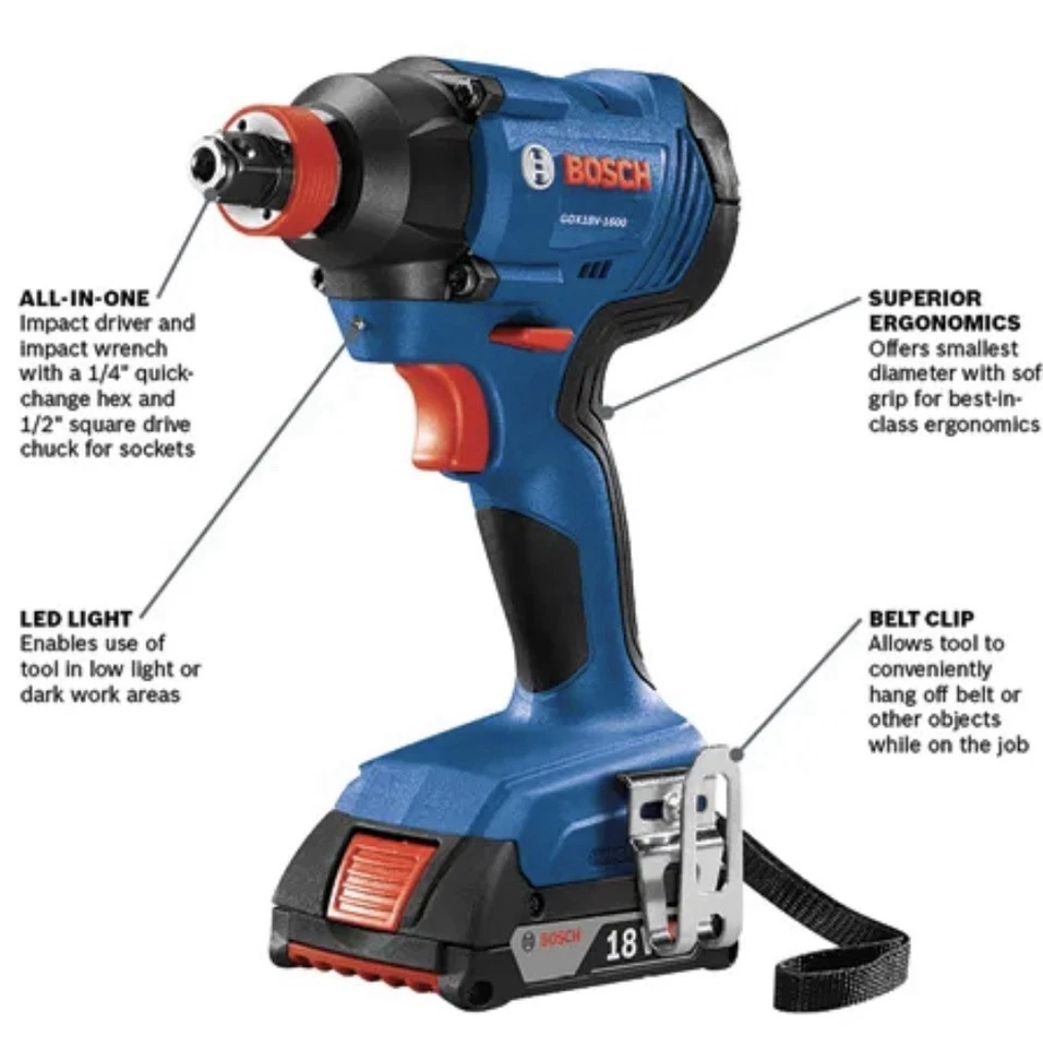 Bosch GDX18V-1600 Cordless Impact Driver Wrench Two-in-one 1/4” 1/2” Bit Socket - Image 3 of 4