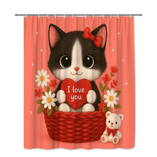 Cute Black and White Cat Shower Curtain - I Love You Design