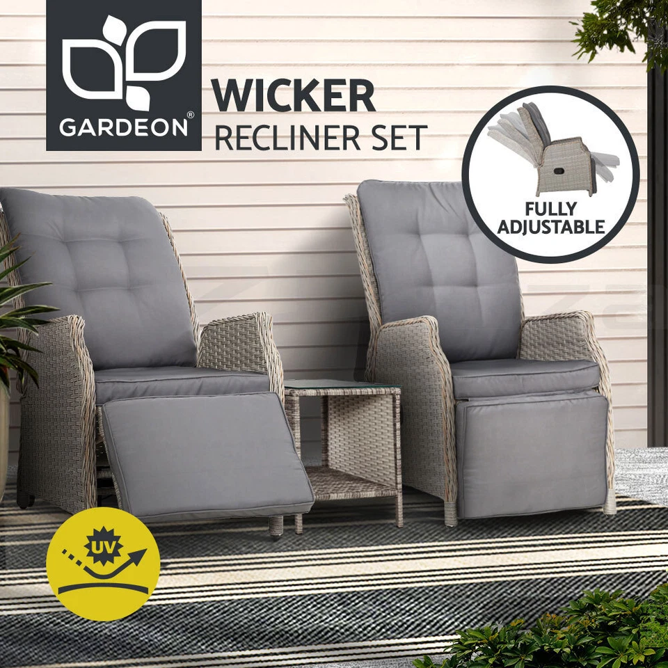 Gardeon Recliner Chairs Outdoor Sun lounge Setting Patio Furniture Wicker Sofa