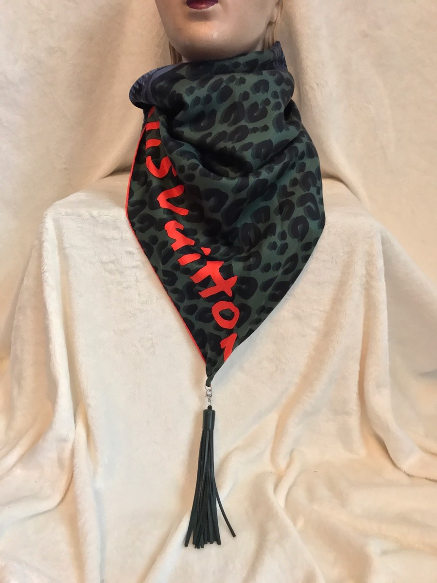 NEW LOUIS VUITTON Leopard Print Blue Green Red Silk Scarf, 35, Leather  Tassel