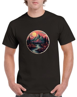 Sonnenuntergang Grafik T-Shirt Unisex Baumwolle Damen Herren Wald Fluss Berge
