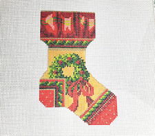 Painted Needlepoint Christmas Sock Stocking Wreath Relax Kelly Clark KLJ24