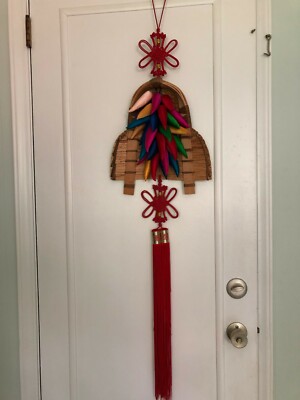 Asian ''Good Luck'' Wall-hanging with Wicker Basket and colorful pepper Fruit