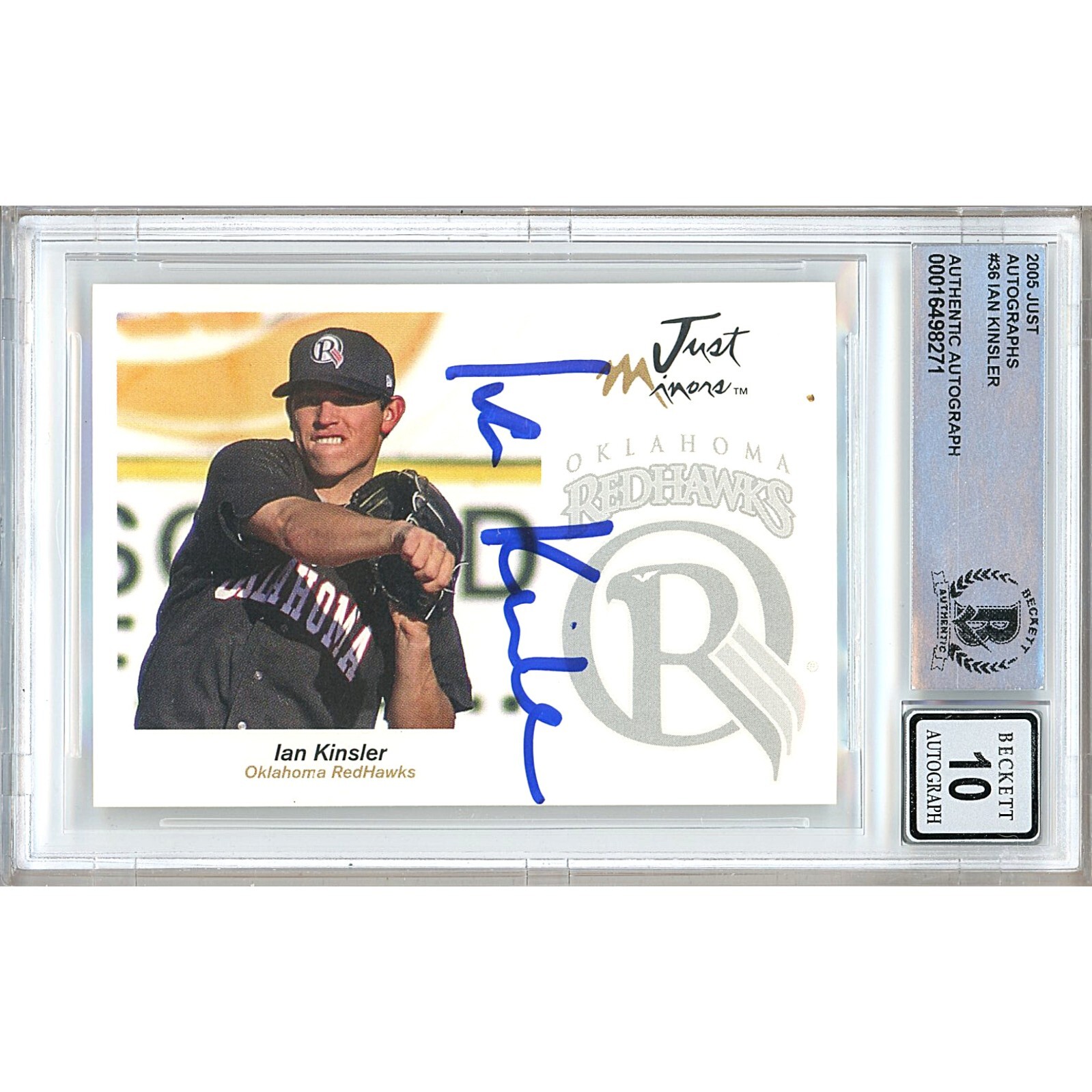 Ian Kinsler Texas Rangers Signed 2005 Just Autographs RC #36 BGS Auto 10 Slab