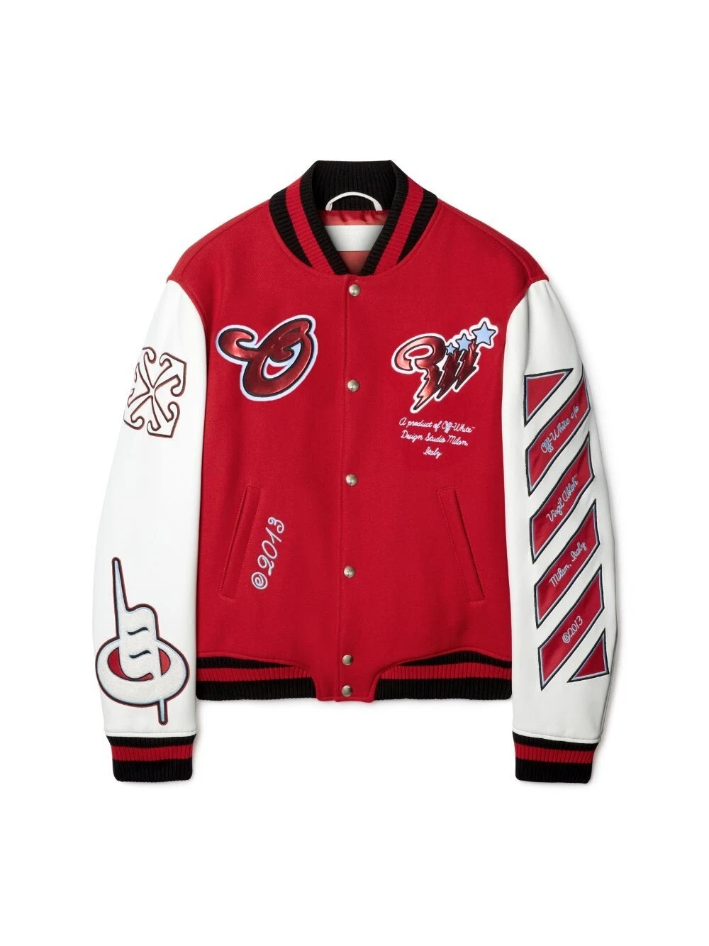 Off White Giacca Varsity Unisex Famosa in Lana e Pelle Rosso Bianco