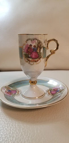 Vintage Porcelain Tall Footed DEMITASSE TEACUP & SAUCER Courting Couple fine