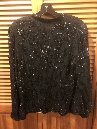 Suéter Chaqueta Brillante I MAGNIN Talla 10 Cuentas Forrado Abierto Negro Seda Con Cuentas - Imagen 2 de 7