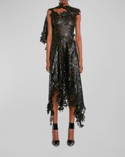 $14490 Alexander McQueen Women's Black Metallic Lace Cutout Dress Size 38