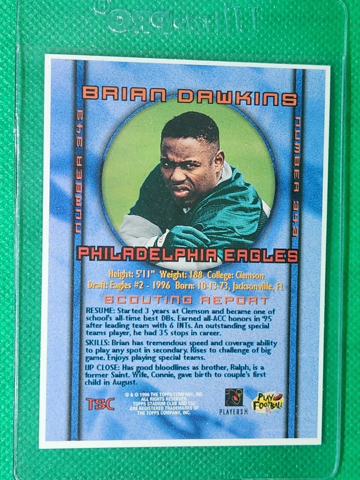 1996 Topps Stadium #343 Brian Dawkins ROOKIE RARE OVERSIZED Philadelphia Eagles - Image 2 of 4