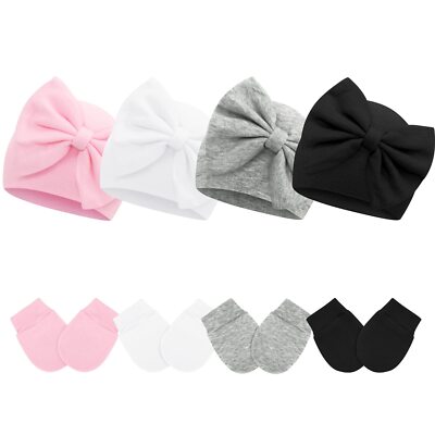 HAT for Girls - 4 Pack Newborn Beanies with Cute Bow Baby Girl Hats & Mittens...
