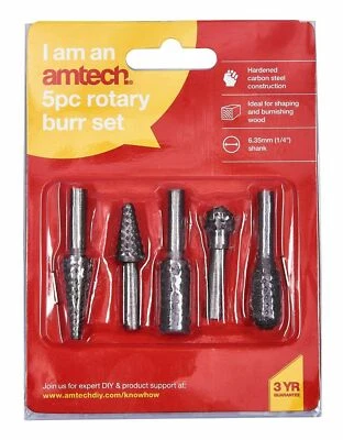 AMTECH Rotary Burr Set 5pcWood Carving File Rasp Power Drill Bits Cone Ball Oval 1/4"