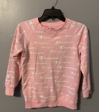 Champion Girls Pink Pastel All Over Print Spellout Crewneck Sweatshirt Large