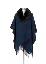 Ralph Lauren Women's Reversible Plaid Cape Ruana w/ Faux Fur Collar One Size