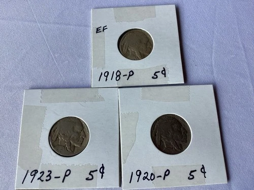 1918, 20 &23P Buffalo Nickels 5 Cents Coin Set of  3 ‘Good Coins'