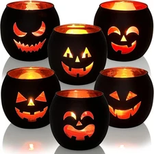 Halloween Table Decor Set of 6, Jack O Lanterns Black Glass Votive Tealight Cand