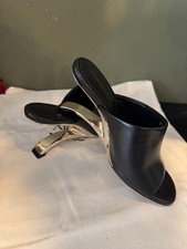 New Alexander McQueen Arc Calfskin Wedge Mules Black Silver Heel Size 6 Open Toe