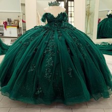 Off Shoulder Green Quinceanera Dresses Sweet 15 16 Party 3D Flowers Ball Gowns