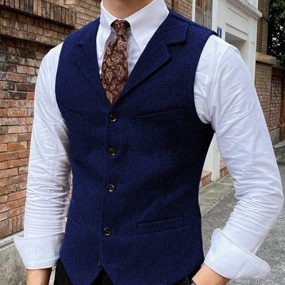Mens Tweed Vest Western Cowboy Vintage Wool Herringbone Vests M Large XL XXL 3XL